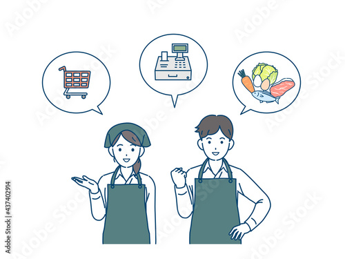 スーパーの店員　パート　アルバイト　エプロン姿の男女　イラスト素材