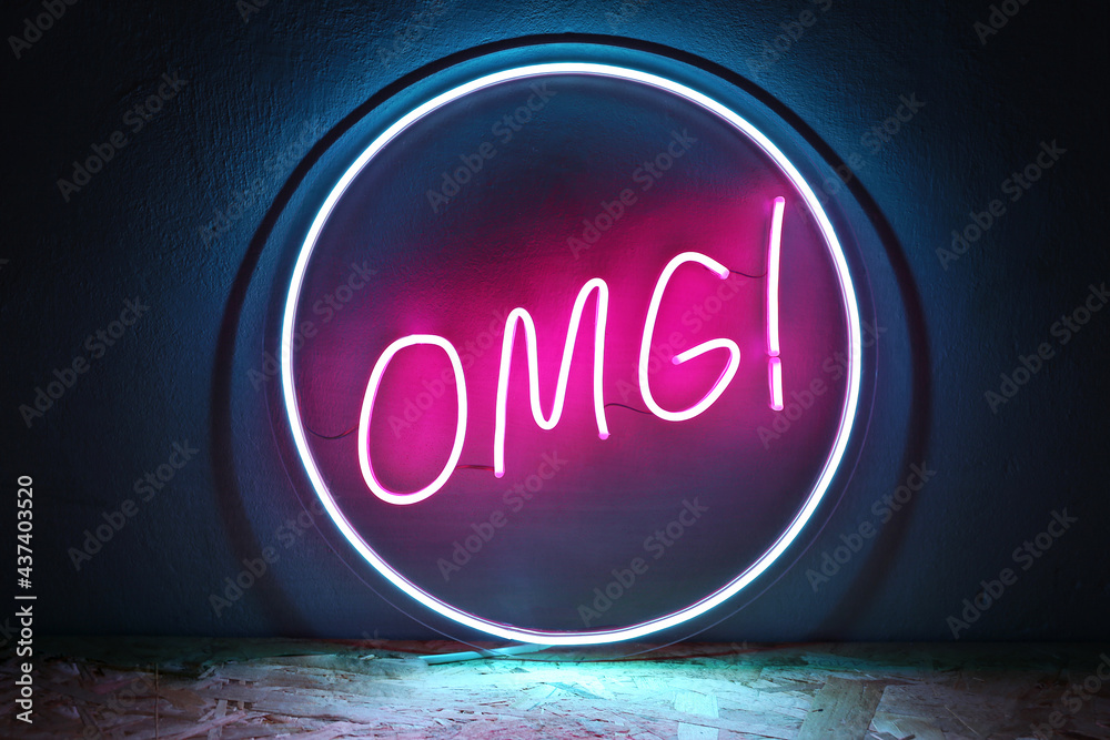 Pink and blue neon sign circle omg. Trendy style. Neon sign. Custom neon. Home decor. - obrazy, fototapety, plakaty 