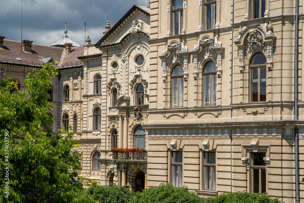 Old town hall. Detail of the back front of City Hall of Gyor. Hungary