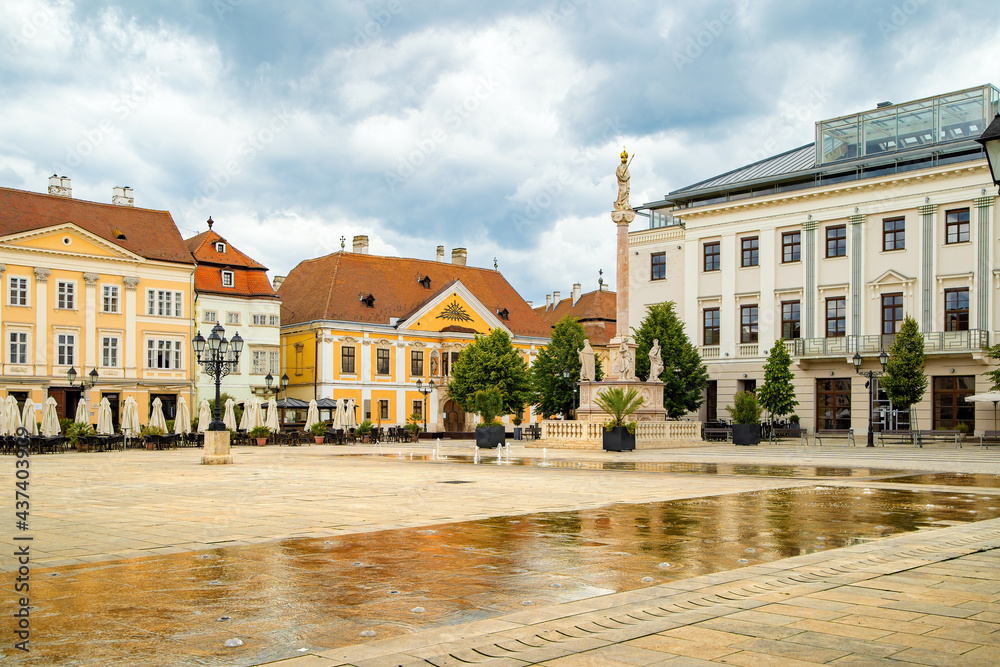 View of Szechenyi Square with the Saint Mary's column in the historical baroque downtown of Gyor, Western Transdanubia region of Hungary.