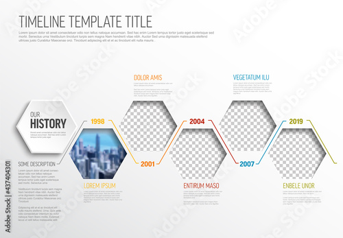 Infographic timeline template with photos in hexagons