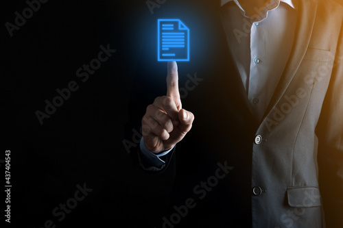Businessman man holding a document icon in his hand Document Management Data System Business Internet Technology Concept. Corporate data management system DMS