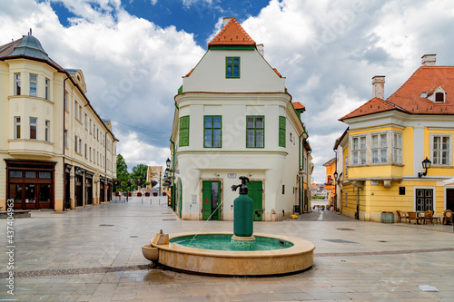 Vászonkép Typical baroque street scene with buildings in the cobbled square with a siphon