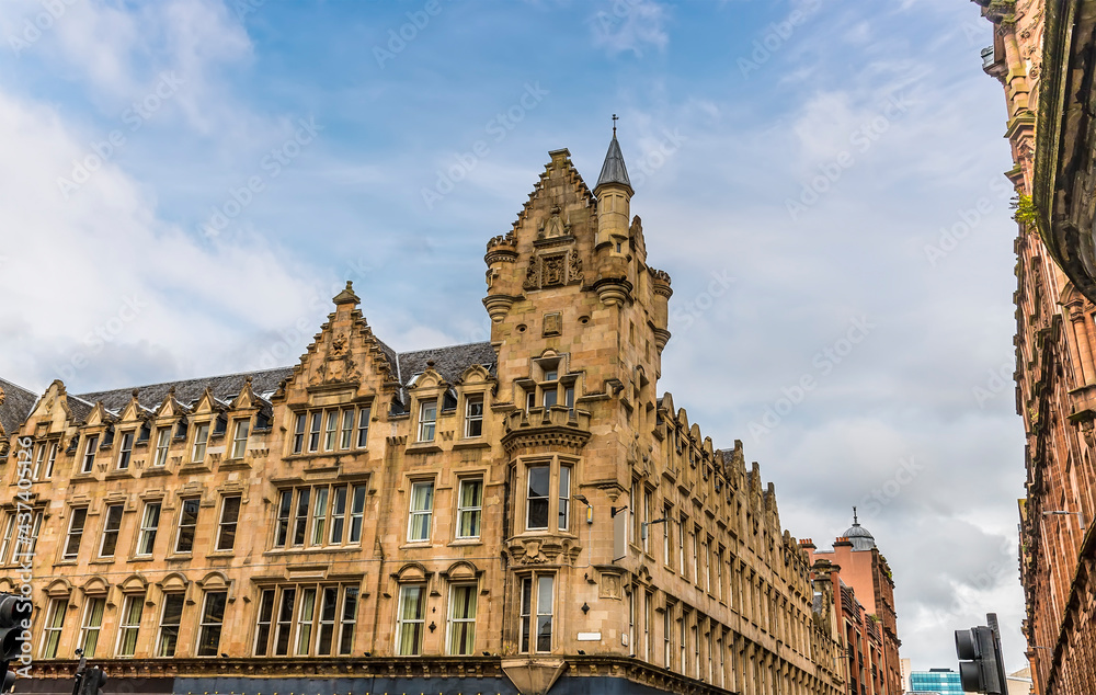 A view of Victorian Gothic buildings in Glasgow on a summers day