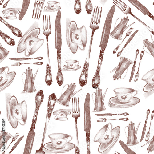 Graphics knifes, fork and dishes on white background seamless pattern for all prints. Dishes pattern.