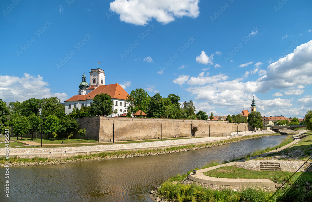 View of Gyor downtown with the Bishops Castle and Cathedral tower by the Raba River.Hungary.