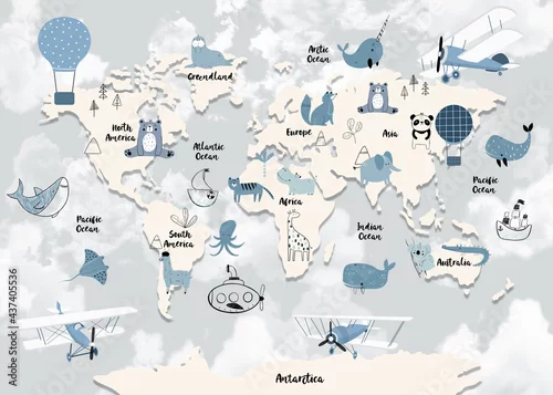 Obraz mapa świata w delikatnych kolorach z chmurkami