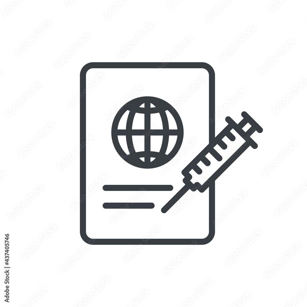 Vaccination passport line icon. Document with syringe outline symbol for travel in time pandemic. Vector isolated on white Vaccination passport line icon. Document with syringe outline symbol for travel in time pandemic. Vector isolated on white