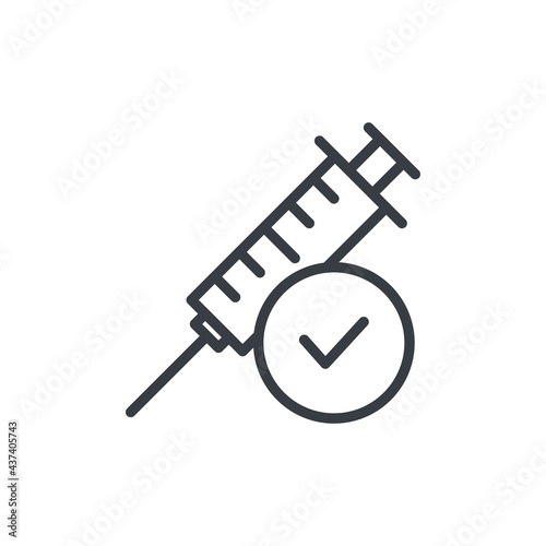 Syringe with check mark line icon. Vaccination symbol. Vector isolated on white.