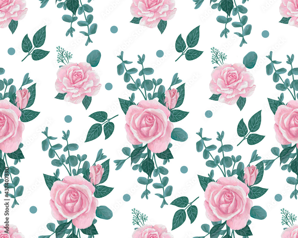 seamless pattern with pink roses and eucalyptus branches seamless pattern with pink roses and eucalyptus branches