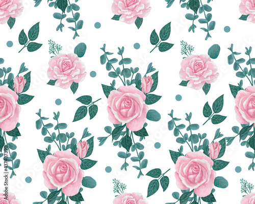 seamless pattern with pink roses and eucalyptus branches