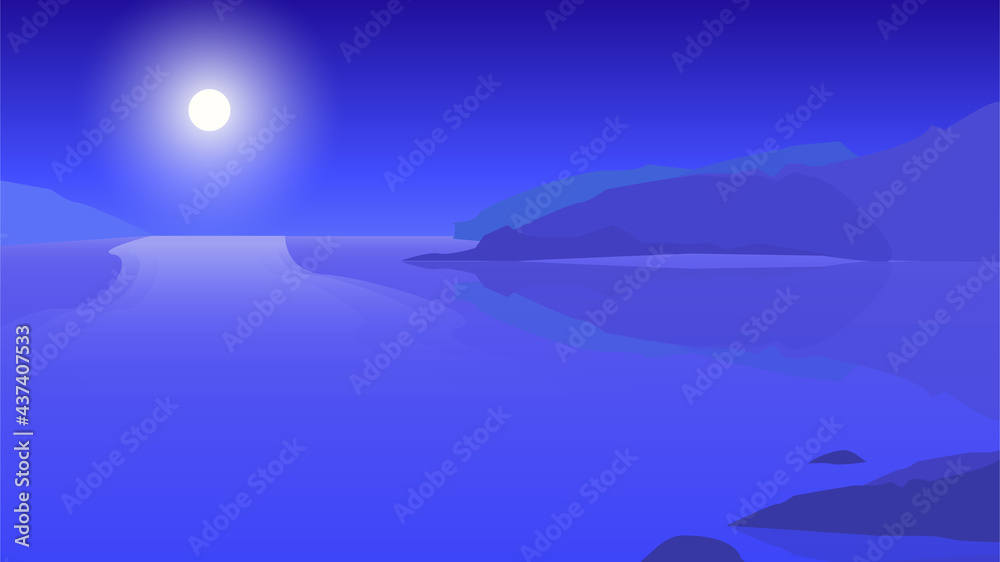 Sea, ocean and mountain illustrations on moon night. Editable vector for poster, social media post, web banner