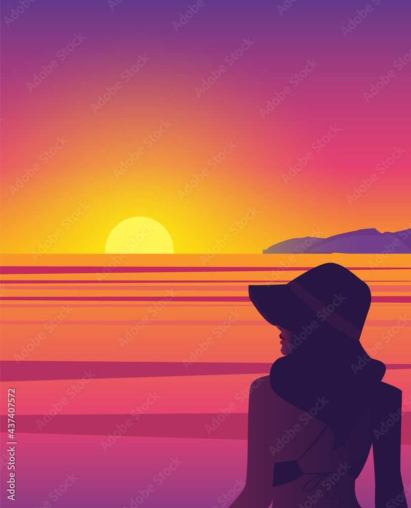 Girl standing by the sea on the sunset beach on summer vacation. Ocean coast and mountain evening illustrations.	