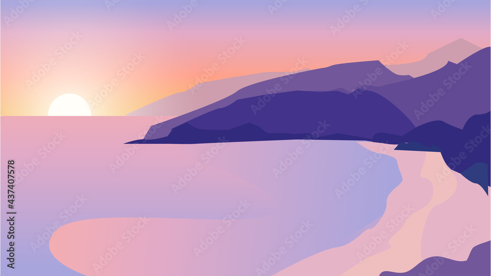 Sea, ocean and mountain illustrations on morning sunrise. Editable vector for poster, social media post, web banner
