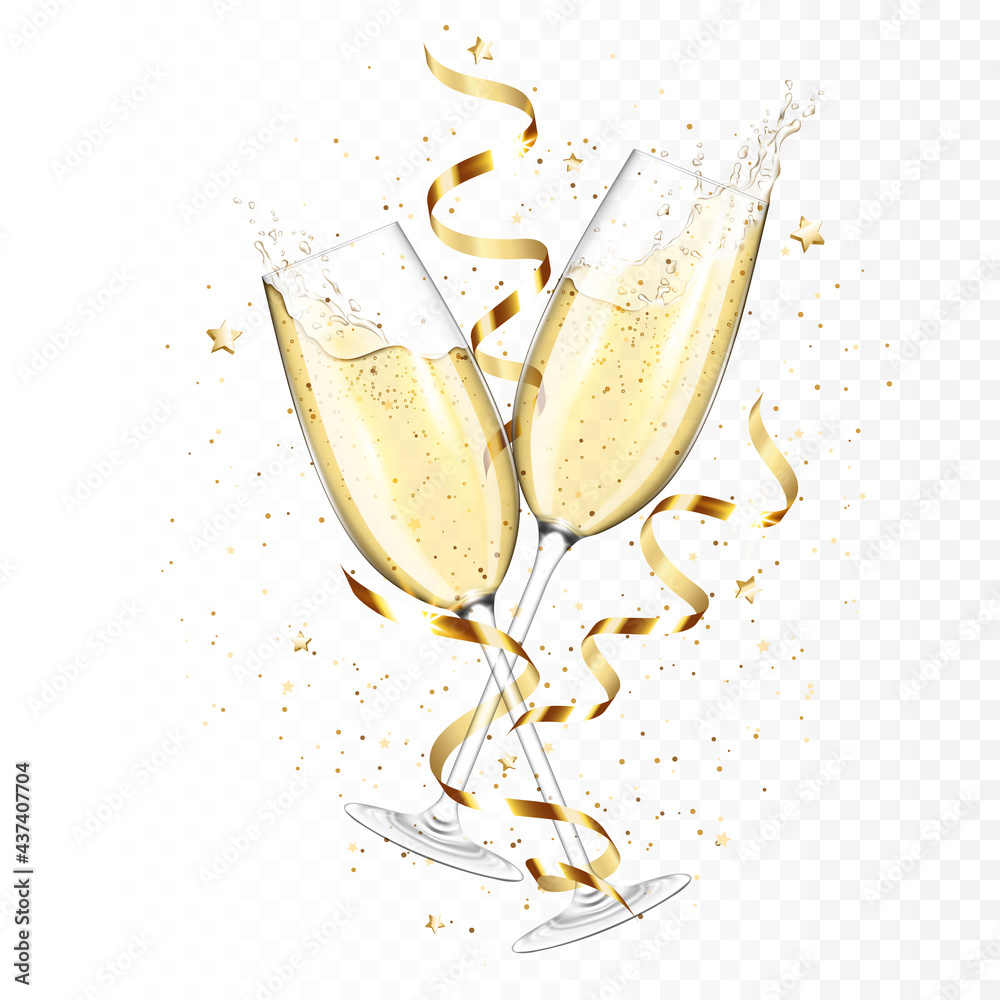 Transparent realistic two glasses of champagne with ribbons and confetti, isolated. - obrazy, fototapety, plakaty 