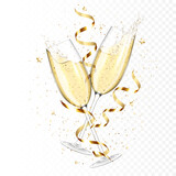 Transparent realistic two glasses of champagne with ribbons and confetti, isolated.