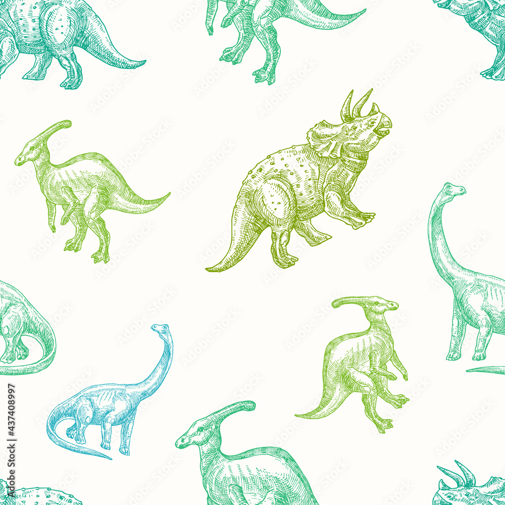 Fototapeta premium Hand Drawn Dinosaurs Vector Seamless Background Pattern. Parasaurolophus, Triceratops and Brontosaurus Colorful Sketches Card, Wrapping or Cover Template
