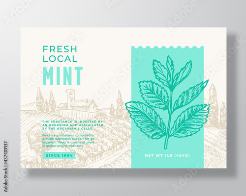 Fresh Local Mint Food Label Template. Abstract Vector Packaging Design Layout. Modern Typography Banner with Hand Drawn Herb Branch and Rural Landscape Background. Isolated