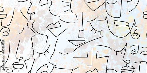 One line drawing. Abstract face seamless pattern.