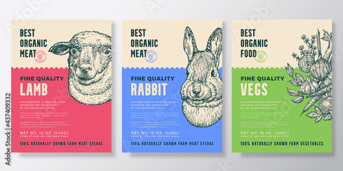 Animal Portrait Organic Meat and Vegetables Vector Packaging Design or Label Templates Set. Modern Typography and Hand Drawn Rabbit and Sheep Head Sketches Backgrounds Layout Collection