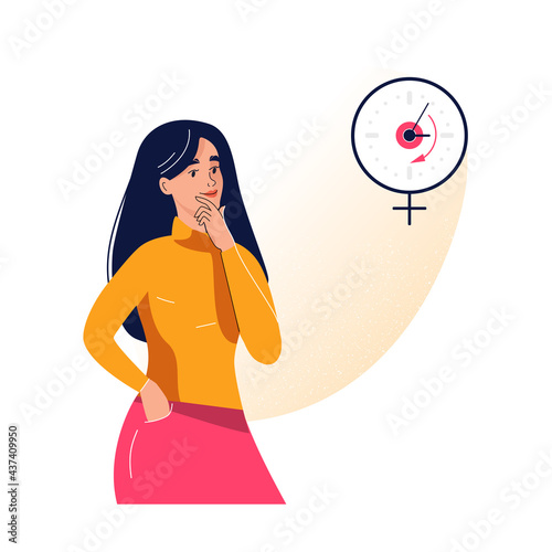 Young woman thinking about her periods. Biological clock concept. Vector illustration in flat design
