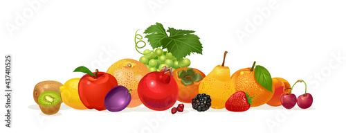 Fototapeta Naklejka Na Ścianę i Meble -  Composition of fruits. Pomegranate, orange, plum, kiwi, strawberry, pear, sweet cherry, persimmon, lemon, blackberry, apple, grape, peach, orange. Vector illustration isolated on white background.