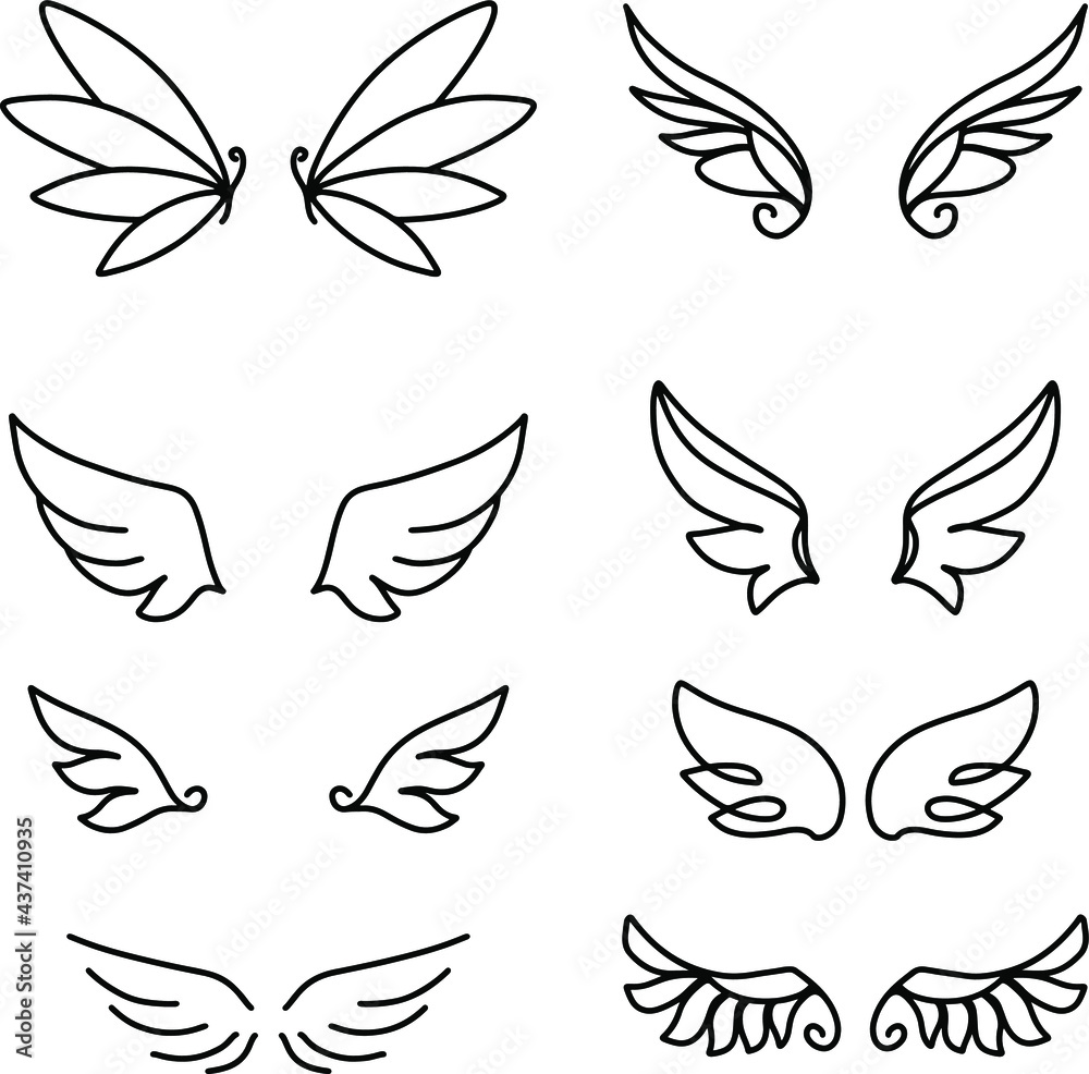 Wings doodle set in hand drawn style on black background. Vector graphic illustration. Hand drawn style. Sketch drawing. Nature background. Line drawing style. Creative concept. Wings doodle set in hand drawn style on black background. Vector graphic illustration. Hand drawn style. Sketch drawing. Nature background. Line drawing style. Creative concept.