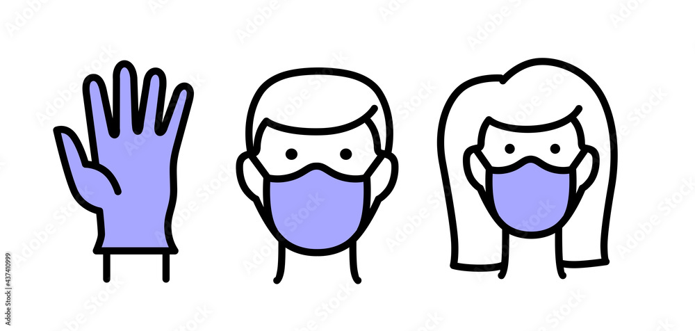 Fototapeta premium Vector icon set male and female, wearing face mask. Man and Woman protection