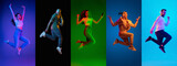 Portraits of group of people joyful jumping isolated on multicolored background in neon light, collage.