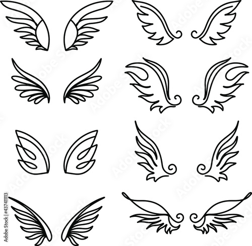 Wings doodle set in hand drawn style on black background. Vector graphic illustration. Hand drawn style. Sketch drawing. Nature background. Line drawing style. Creative concept.