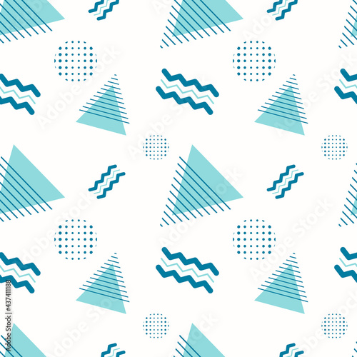 Abstract seamless geometric pattern. Background or wrapping paper with various shapes, triangles, zigzags and dots on a white backdrop. Ornament template.