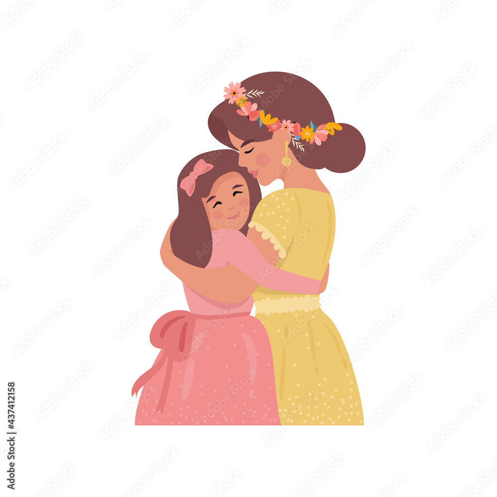 Mom hugs a cute daughter in romantic dresses. Teenager girl loves her mother. The concept of parenthood and love. Vector illustration in flat style.