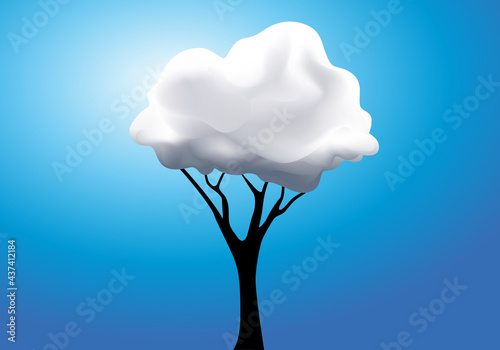 Concept de la rêverie surréaliste avec un arbre dont le feuillage est remplacé par un nuage blanc.