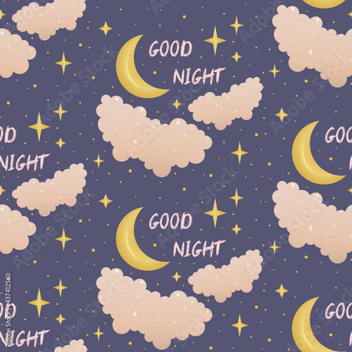 Pattern with night sky, good night lettering, stars, moon and clouds. Vector illustration.