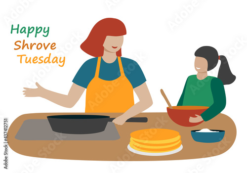 A woman with a child makes pancakes for Shrovetide. Mom and daughter cook together in the kitchen. Hand drawn people and text: happy shrove tuesday. Flat style. Isolated on a white background. Vector.