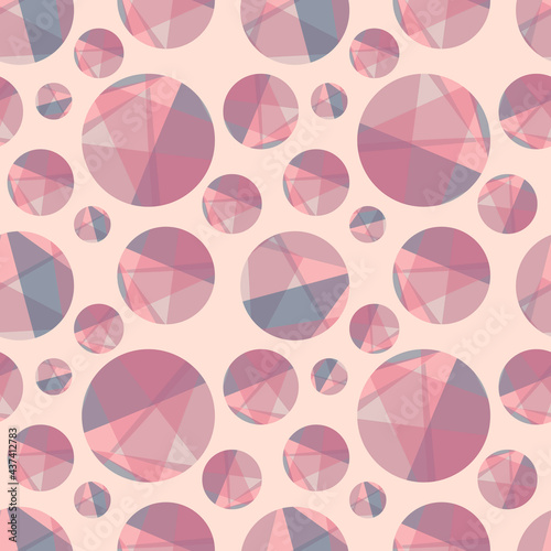 Abstract seamless geometric pattern. Background or wrapping paper with round shiny diamonds of different sizes. Circles of pink gemstones.