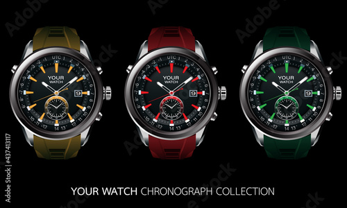 Realistic vector collection of clock watch chronograph grey steel black dashboard face white number text yellow red green design luxury elegance for men on black background.