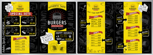 Burger bar menu template - A3 to A4 size (sides, wraps, burgers, soups, drinks, sets) - vector illustration