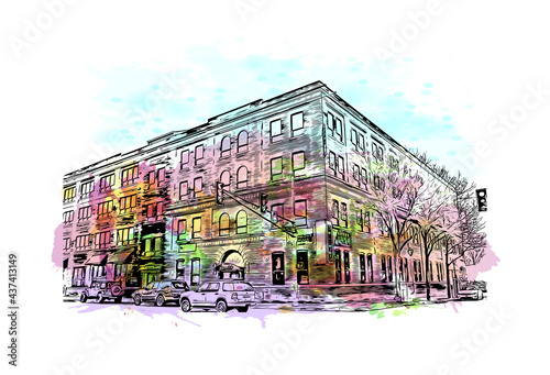 Building view with landmark of Fort Wayne is a city in northeastern Indiana. Watercolor splash with hand drawn sketch illustration in vector.