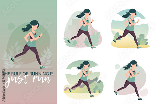 Young woman in sportswear with a tracker and EarPods. Sport, Workout, Cardio , Healthy lifestyle, Fitness, Training, Running concept. Vector illustration set