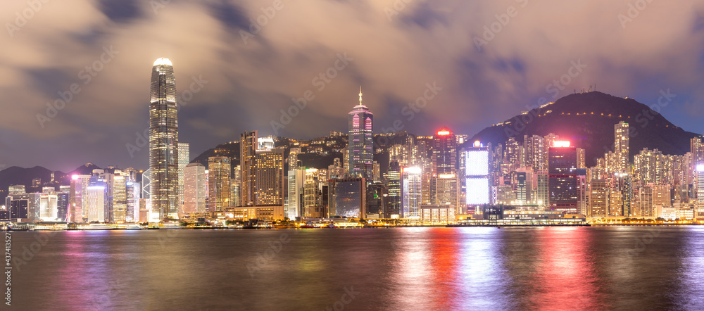 skyline panorama of Colorful magnificent night city view of Central and Shengwan, Victoria Harbour, Hong Kong, photo from West Kowloon Waterfront Promenade