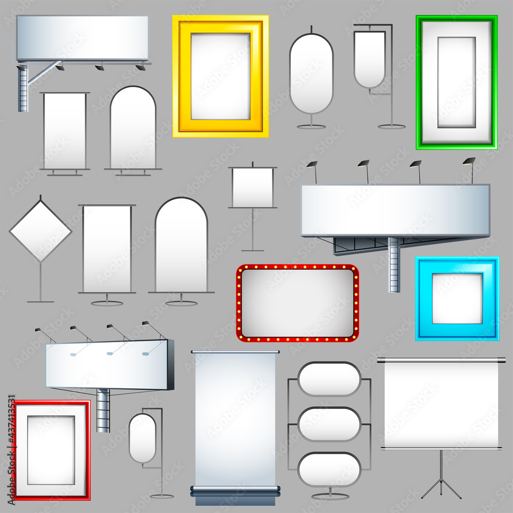 Set of different display board, frame, bill board and hoarding with blank copy space for mock up,advertisement and promotion Set of different display board, frame, bill board and hoarding with blank copy space for mock up,advertisement and promotion