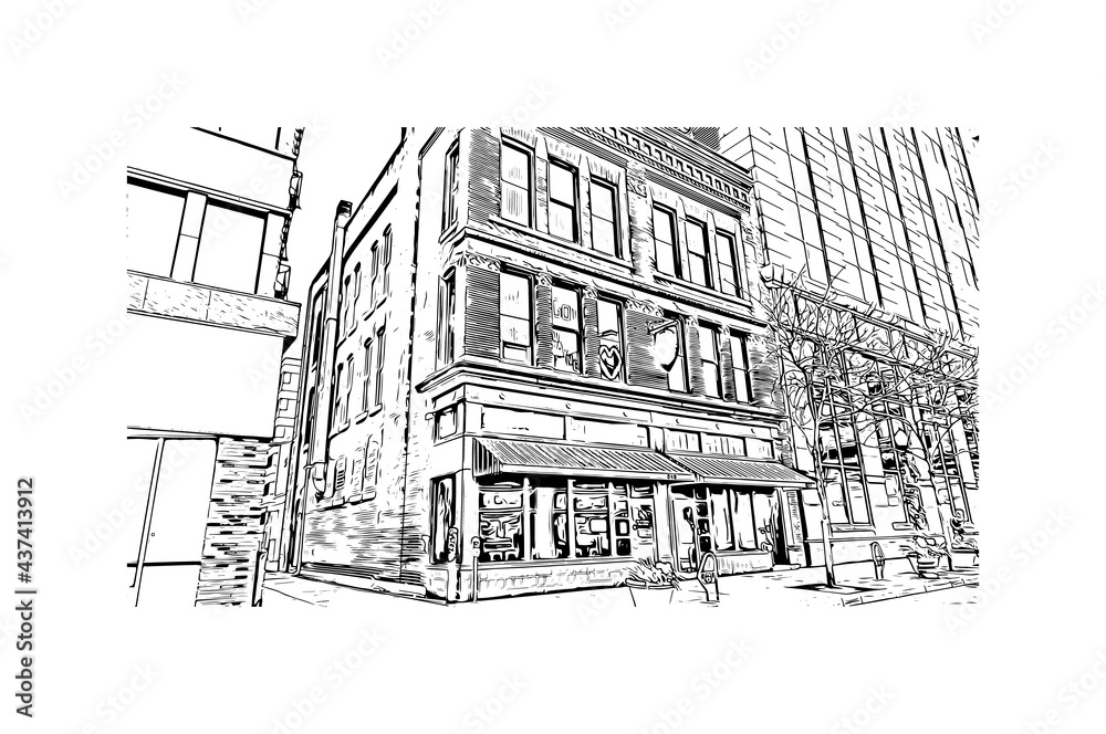 Building view with landmark of Fort Wayne is a city in northeastern Indiana. Hand drawn sketch illustration in vector.