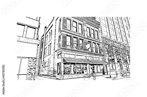 Building view with landmark of Fort Wayne is a city in northeastern Indiana. Hand drawn sketch illustration in vector.