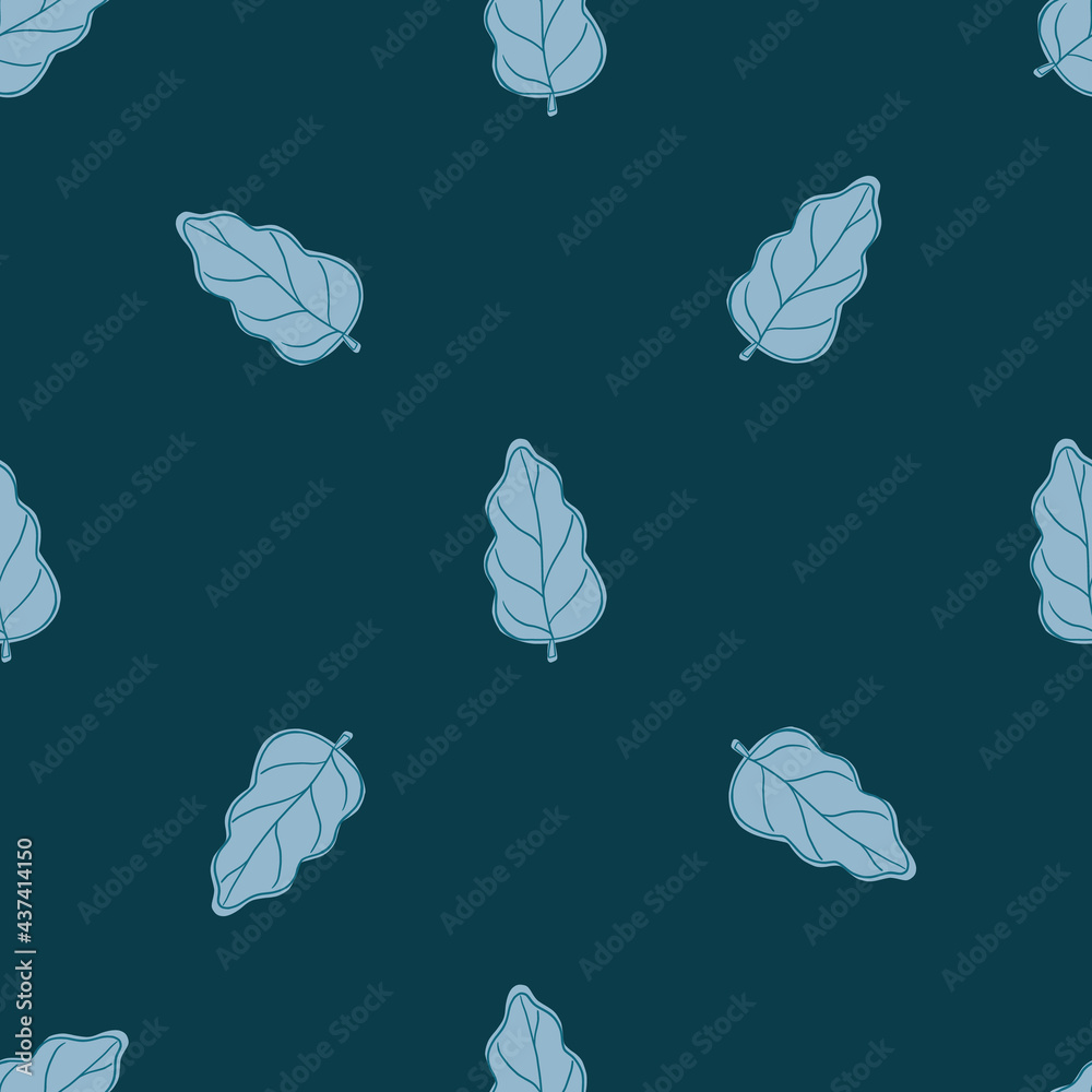 Random little blue oak leaves abstract seamless pattern. Dark turquoise background. Minimalistic print.