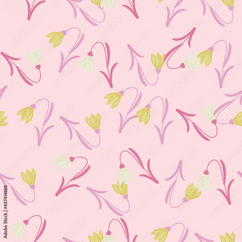 Creative spring seamless pattern with doodle bluebell elements. Pink pastel background. Floral backdrop.