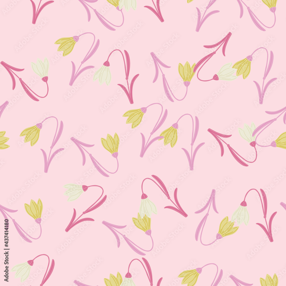 Obraz premium Creative spring seamless pattern with doodle bluebell elements. Pink pastel background. Floral backdrop.