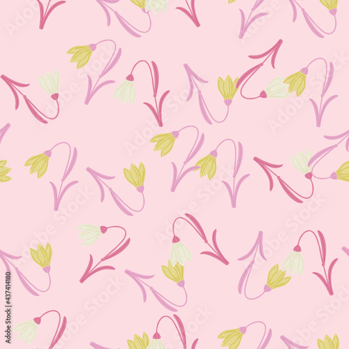 Creative spring seamless pattern with doodle bluebell elements. Pink pastel background. Floral backdrop.