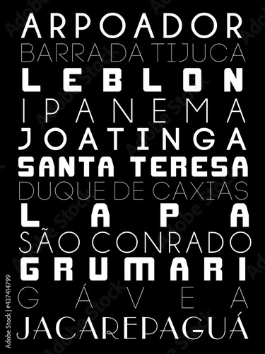 Art with famous places in Rio de Janeiro, such as Ipanema, Arpoador, Barra da Tijuca, Joatinga, Grumari, Leblon Lapa and Santa Teresa. Neighborhood names written on black background. photo