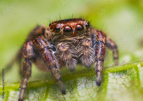 Female jumping spider Evarcha falcata close up portrait